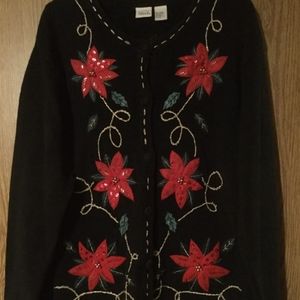 Falls Creek Womens Christmas Sweater X LargeButton Up Poinsettias Black Red Gold